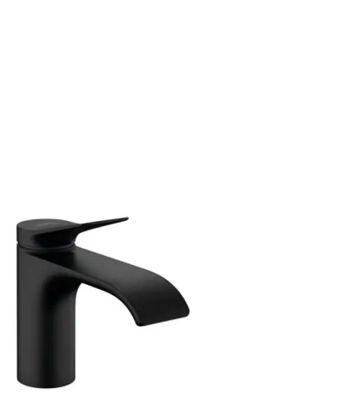 Schwarzer Einhebel-Waschtischmischer von Hansgrohe mit flacher Auslaufarmatur und Zugstangen-Ablaufgarnitur. Eignet sich für moderne Waschbecken.